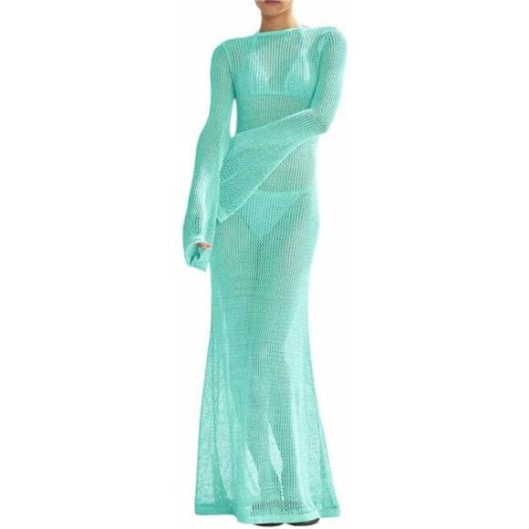 Womens Crochet Cover Ups Long Sleeve Sexy Mesh Aqua
